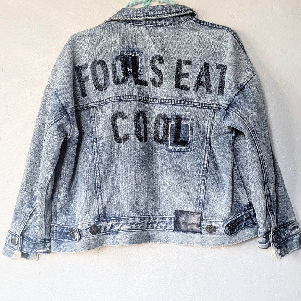 One Teaspoon "Fools Eat Cool" Distressed Denim Trucker Jacket - Small